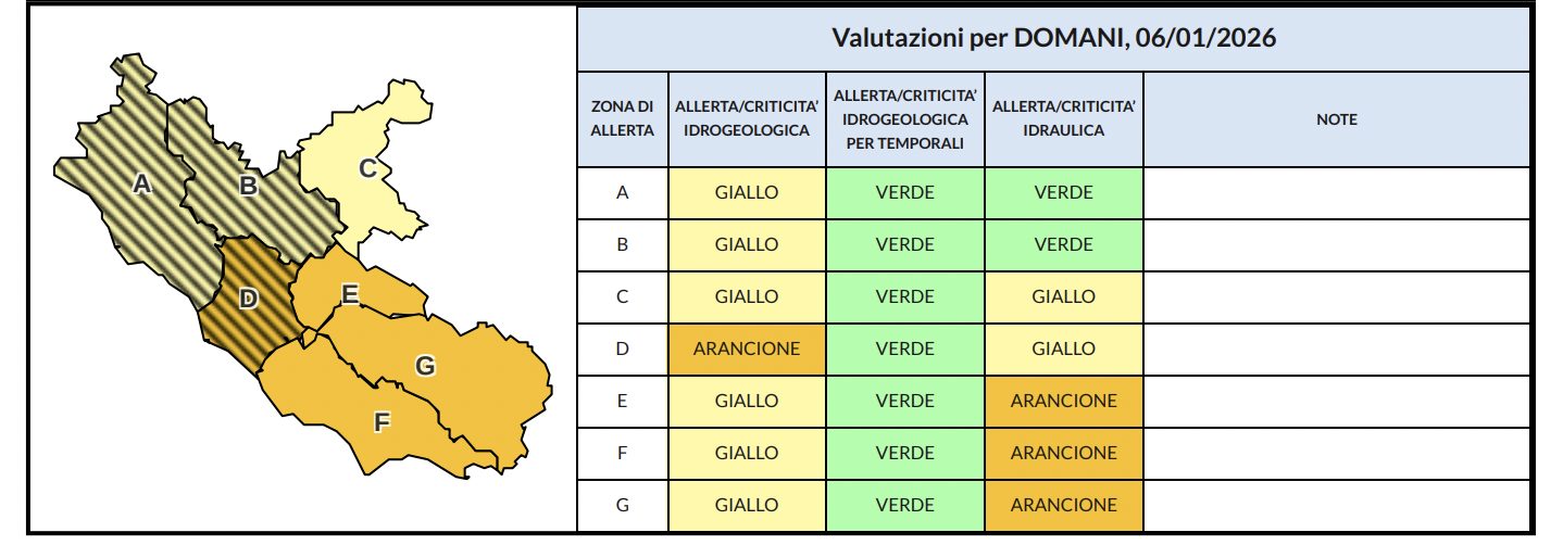 L’allerta di colore arancione prevista per domani, 6 gennaio 2025.