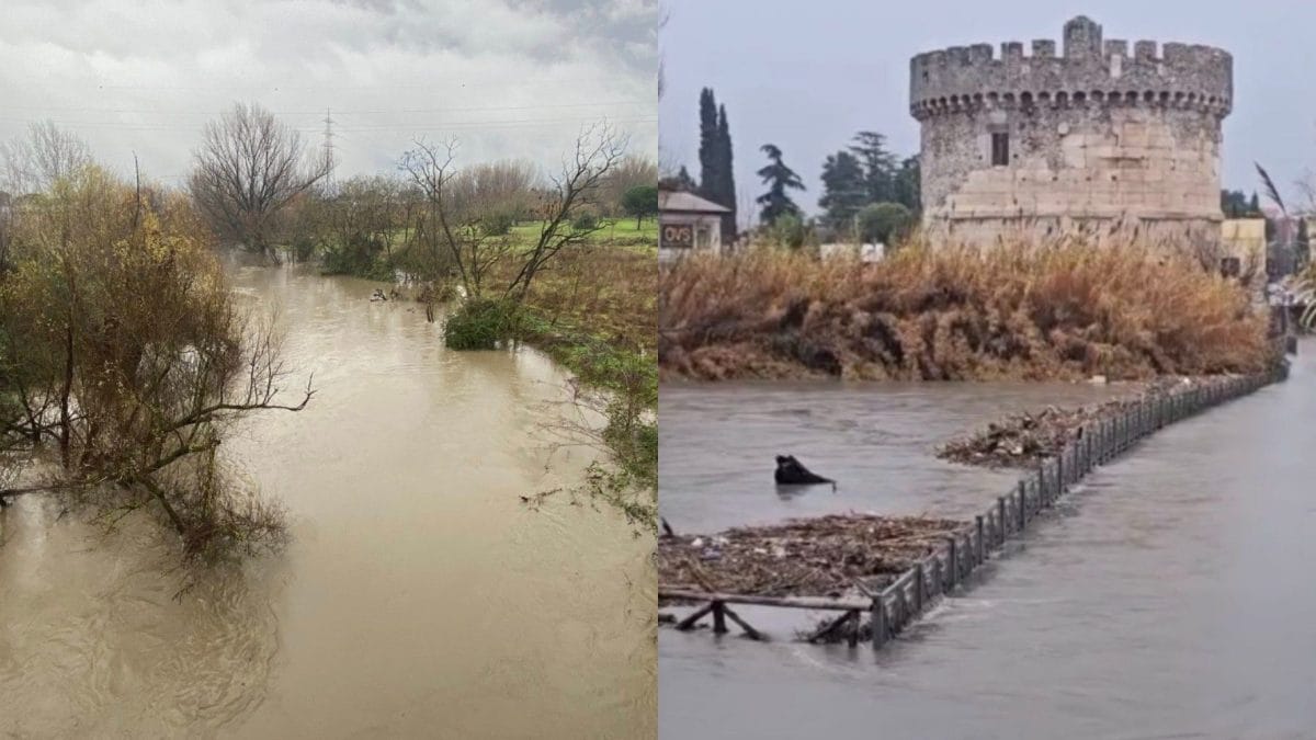 L’Anine esondato, foto da Facebook. A sinistra dal profilo di Mauro Caliste – Presidente Municipio V, a destra Volontari Valle Aniene Associati.