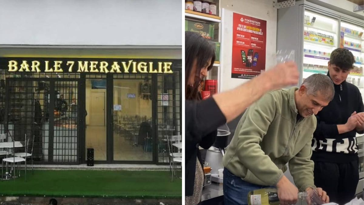 Il bar Le 7 meraviglie di Roma e il suo staff in festa (Foto da Google Maps e Facebook)