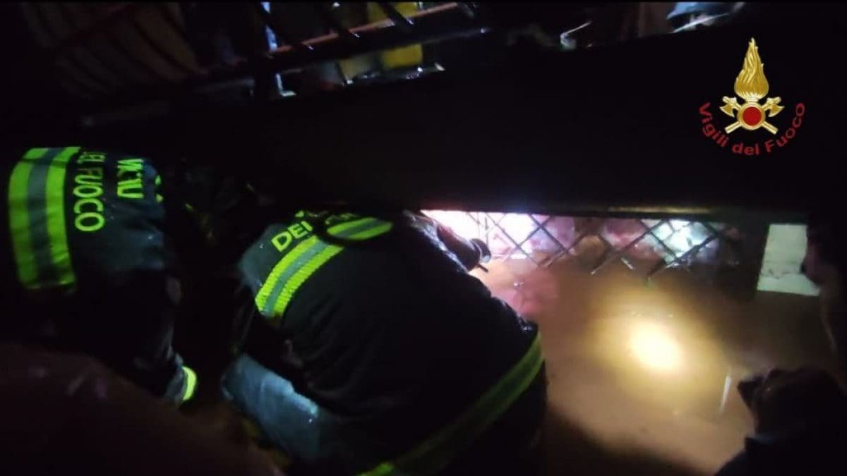 I vigili del fuoco al lavoro nel seminterrato durante le operazioni di salvataggio