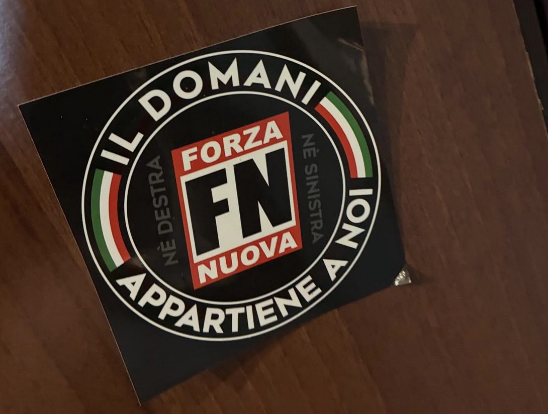 L’adesivo di Forza Nuova sulla porta di casa dell’assessore Luca Blasi