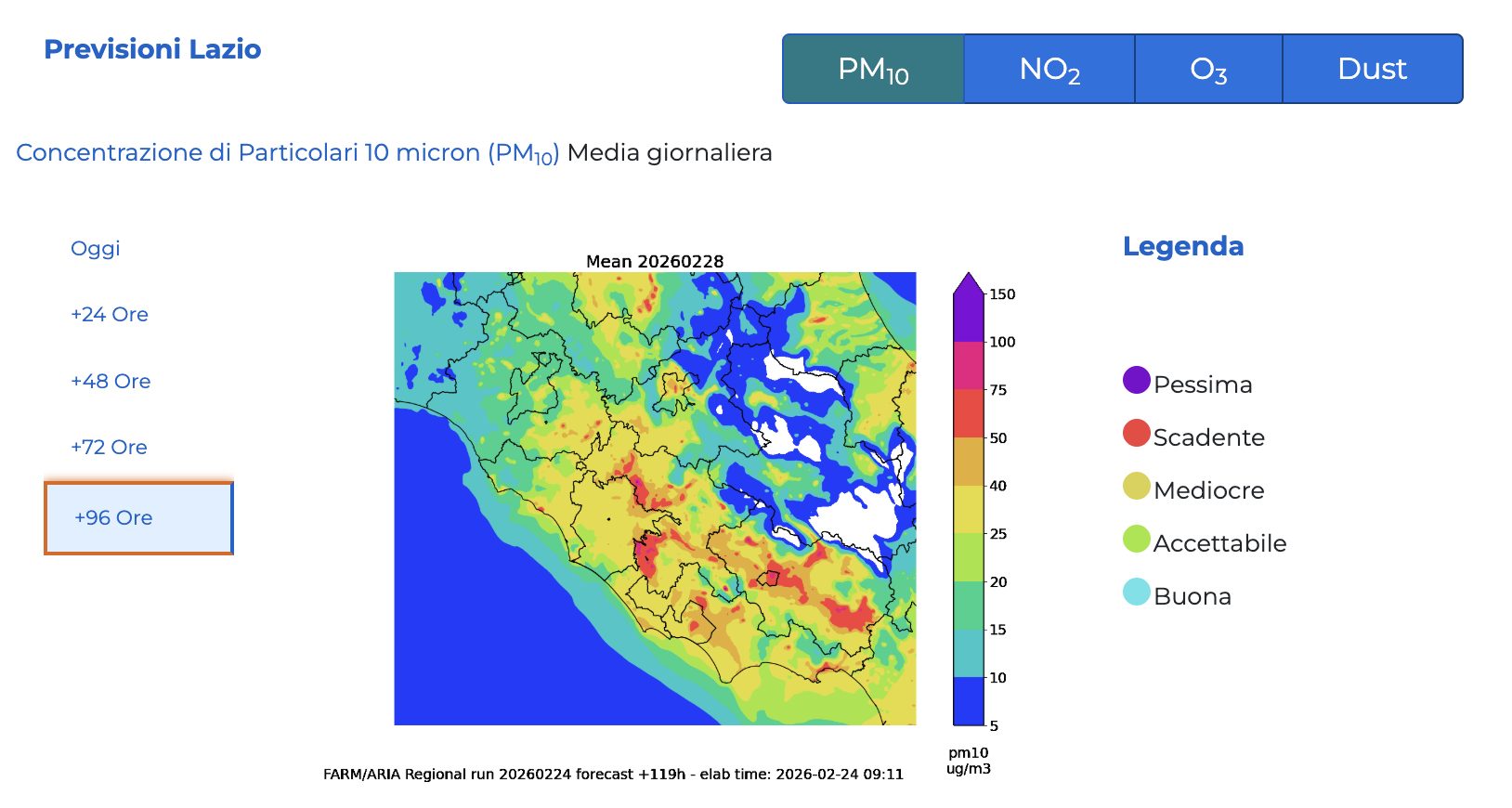 Le previsioni dell’Arpa Lazio per la qualità dell’aria nei prossimi giorni (da Arpa Lazio)