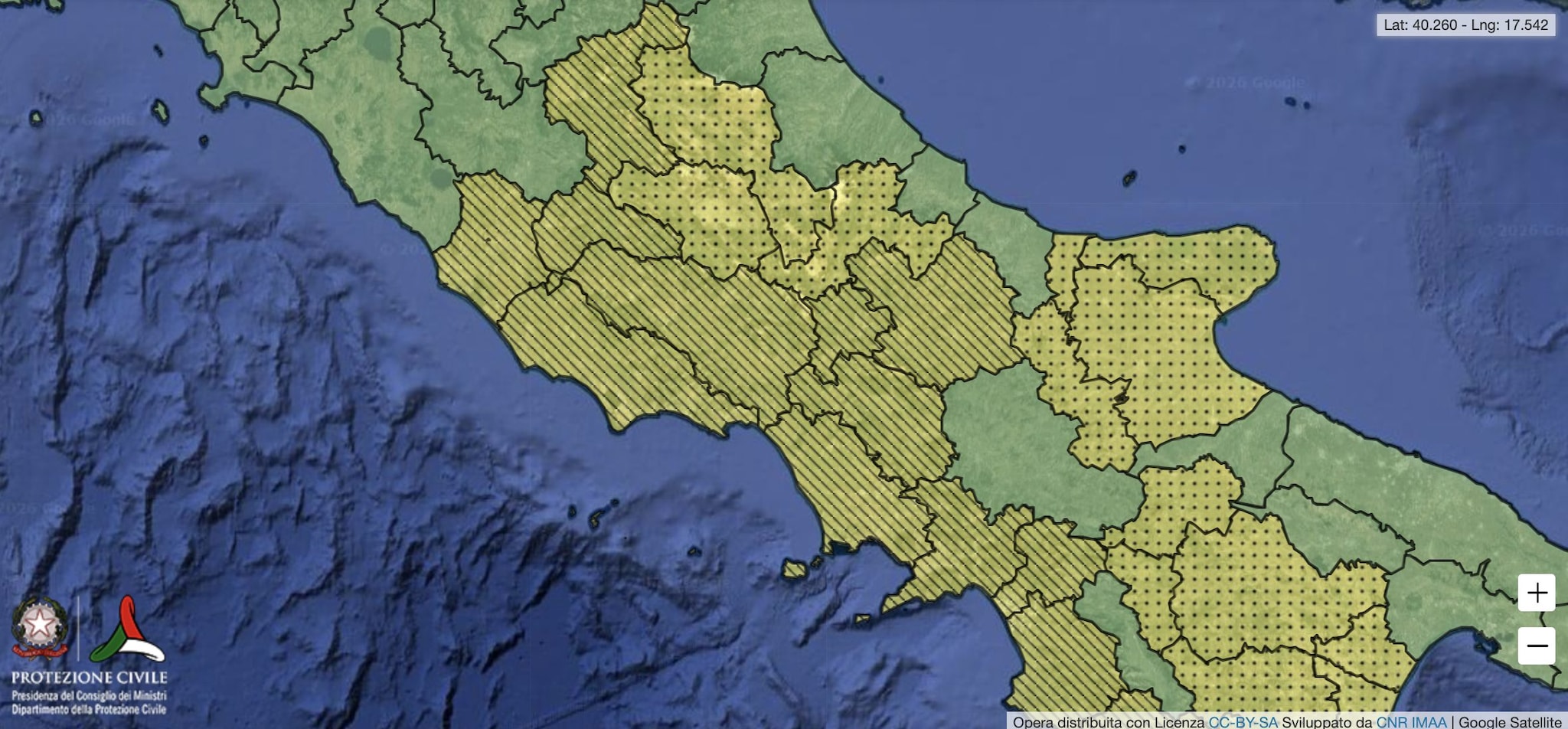 Le zone di allerta gialla nel lazio per giovedì 12 febbraio (Credit: Protezione civile)
