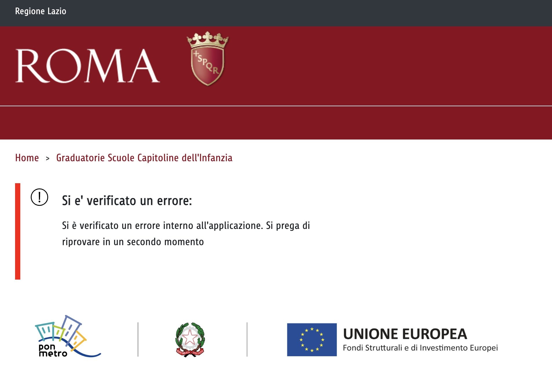 La schermata di errore per chi prova ad accedere al sistema e a consultare le graduatorie definitive per la scuola dell’Infanzia.