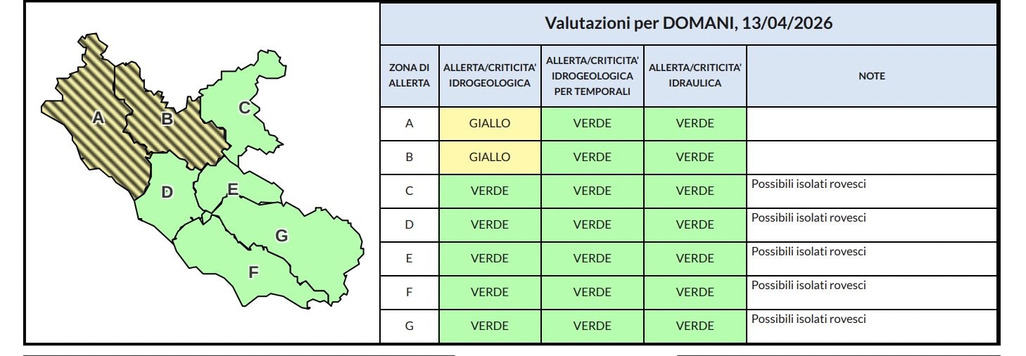 La cartina che accompagna il bollettino dell’allerta meteo Lazio.