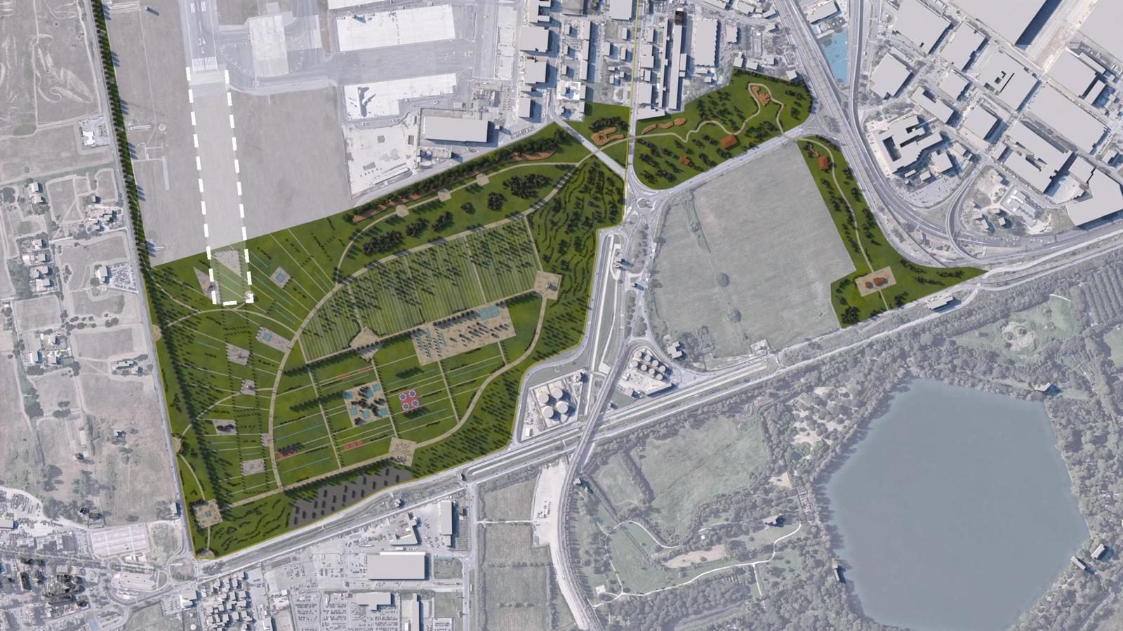 Rendering con vista del parco da 85 ettari previsto nel progetto di sviluppo dello scalo
