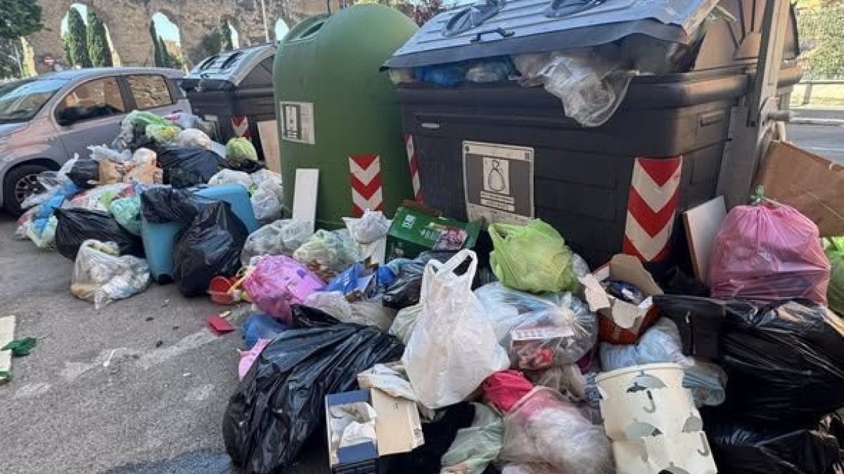 Cumuli di spazzatura in un cassonetto nel Municipio V