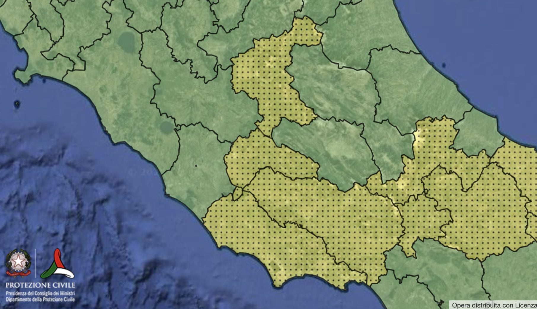 La mappa della protezione civile con le zone di allerta gialla per il 13 maggio 2026