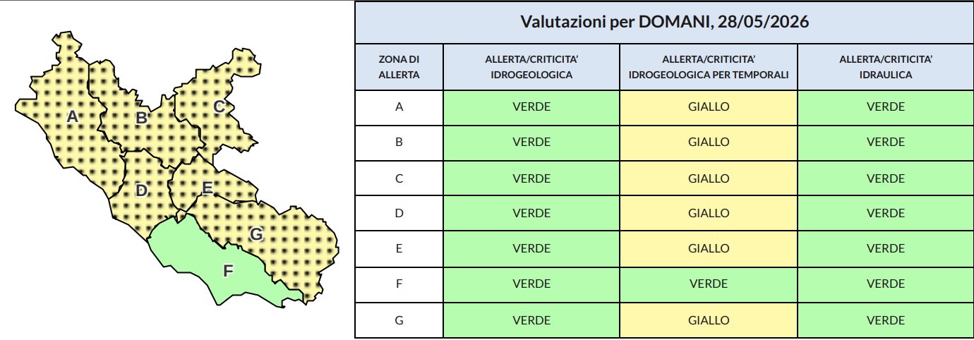 Le valutazioni della Protezione Civile per giovedì 28 maggio 2026