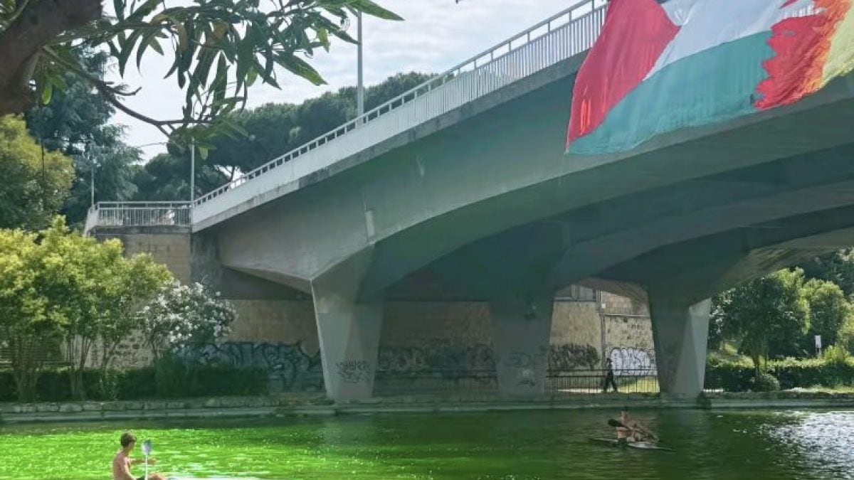 Il laghetto dell’Eur tinto di verde (Da Instagram: XR Roma)