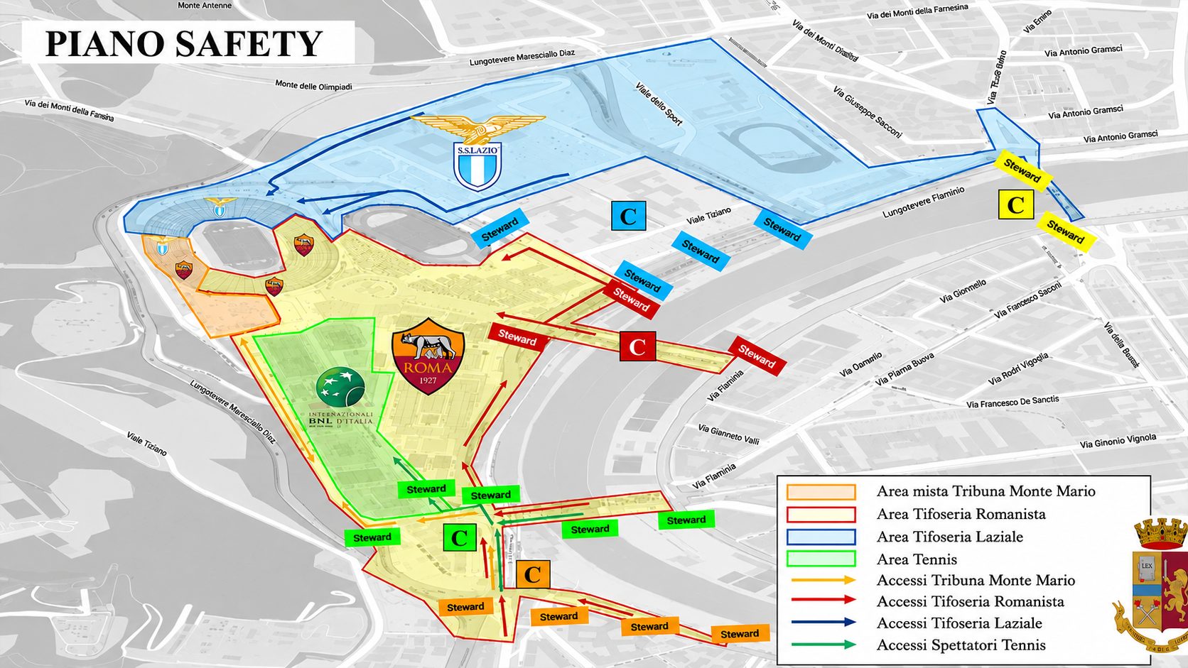 Il piano di accessi elaborato dalla Questura di Roma