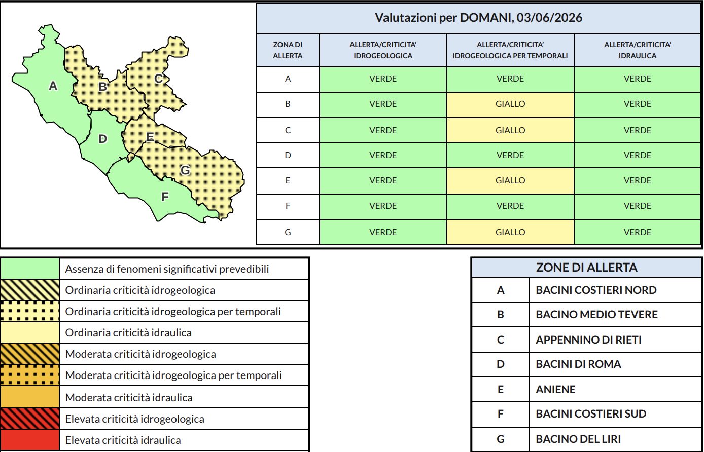 Le zone su cui vige l’allerta meteo gialla per mercoledì 3 giugno (da Protezione Civile)