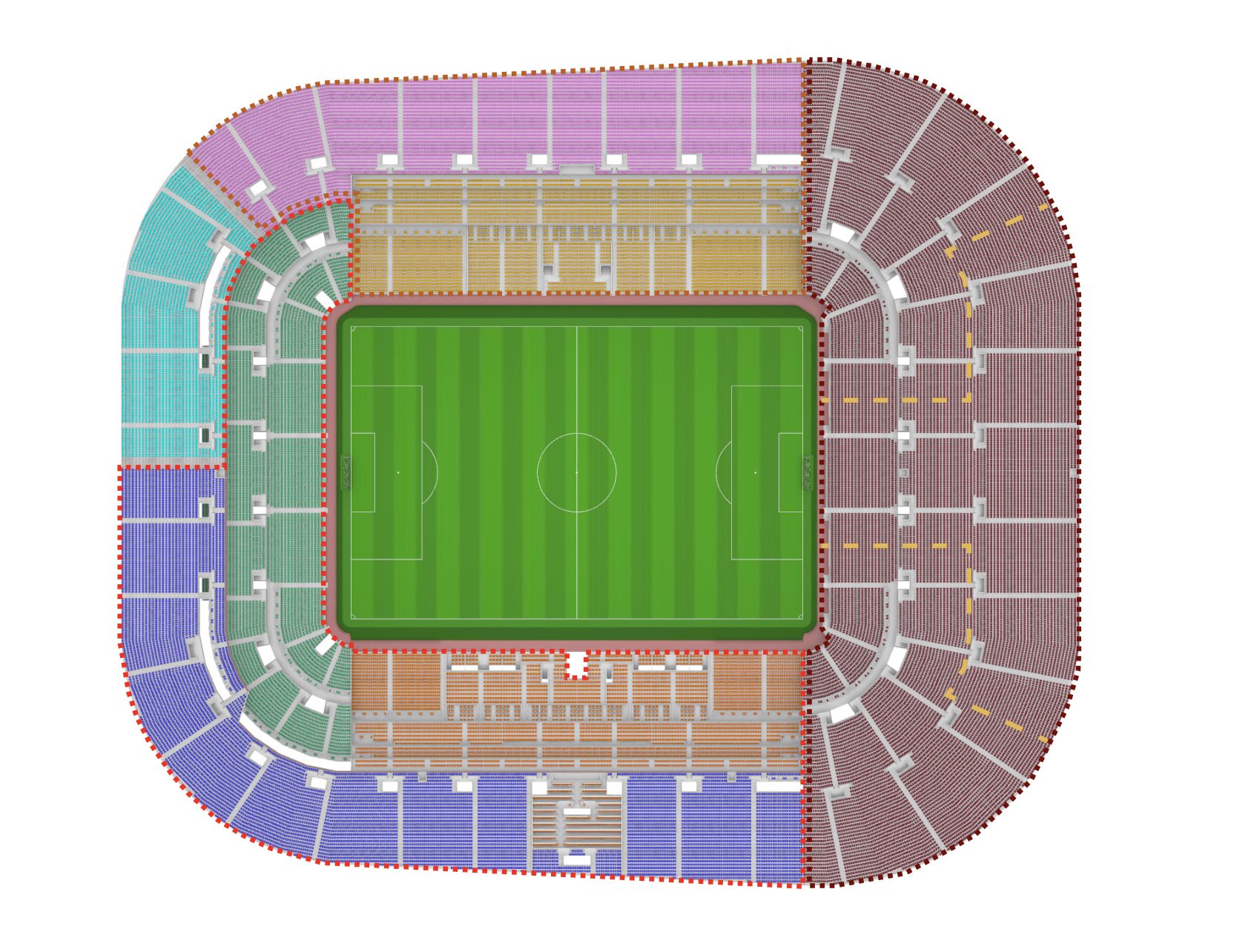 La divisione dei settori nella Relazione tecnica illustrativa realizzata dall’AS Roma. A destra in rosso scuro la Curva Sud.