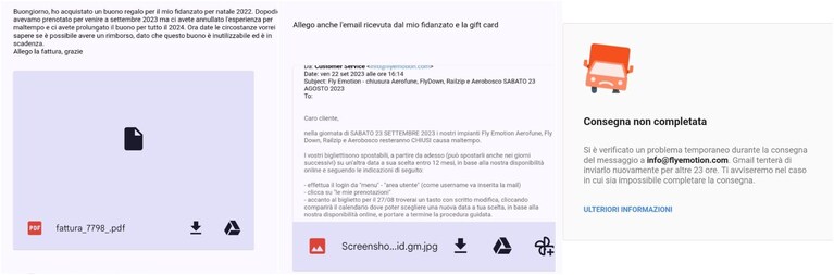 La mail inviate dalla lettrice a Fly Emotion
