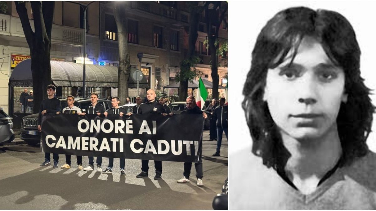 Il corteo per il 50esimo anniversario della morte di Sergio Ramelli (a destra – foto di Fanpage.it)