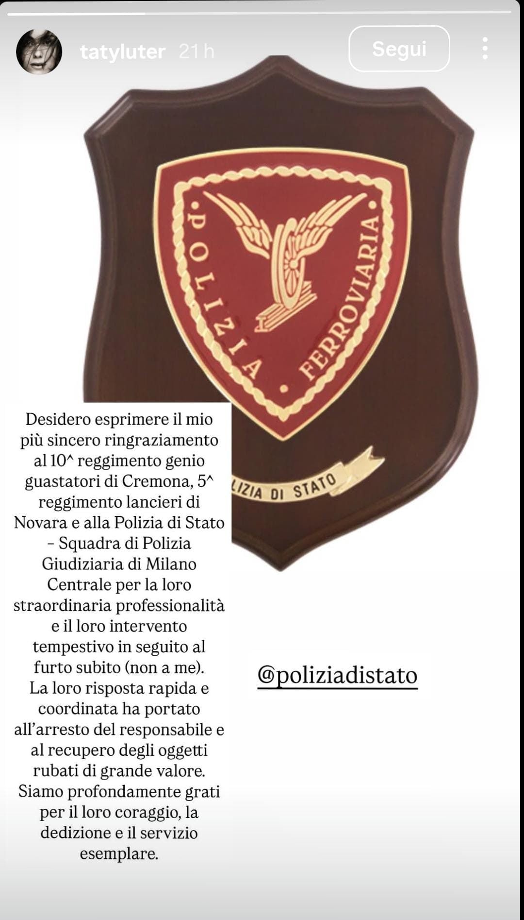 La storia di Tatiana Luter per ringraziare i poliziotti.