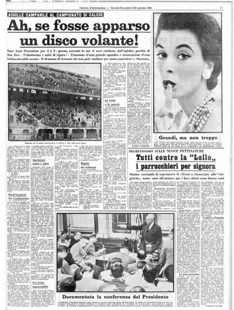 La pagina del Corriere dell’Informazione del 25–26 gennaio 1955 con la foto del secondo anello dello stadio di San Siro