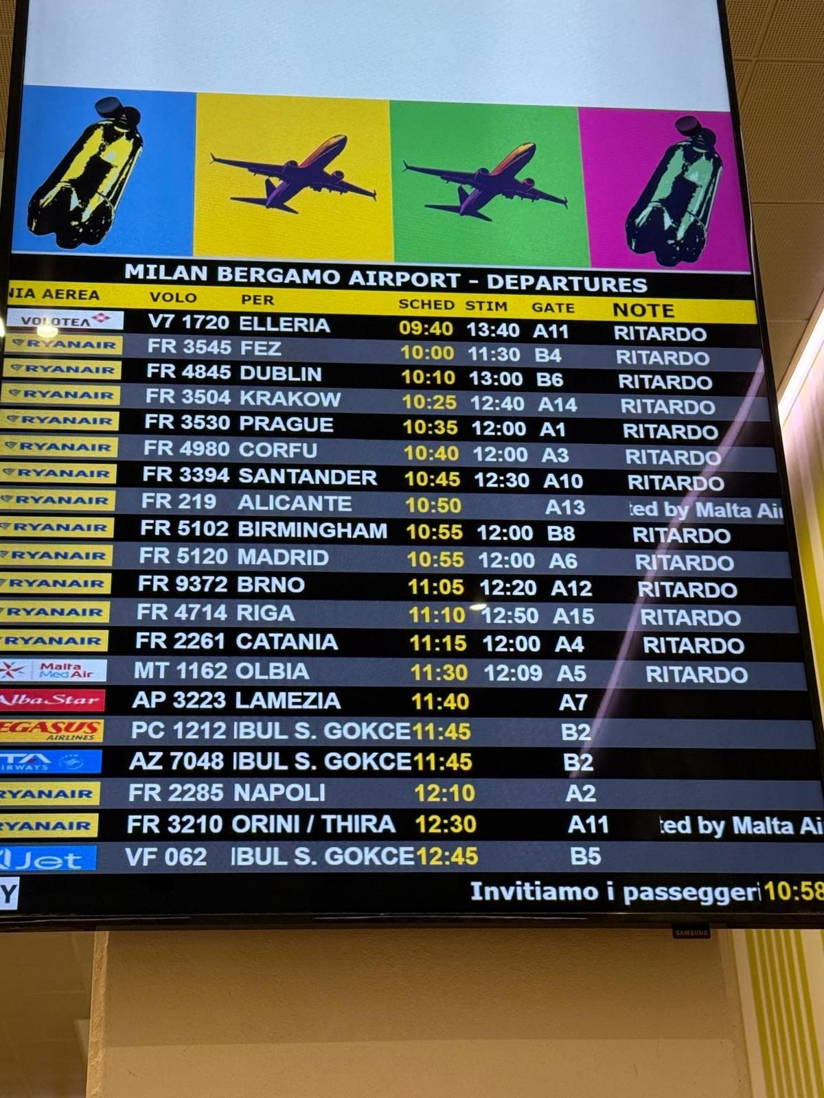 I voli in ritardo per il maltempo all’aeroporto di Orio al Serio