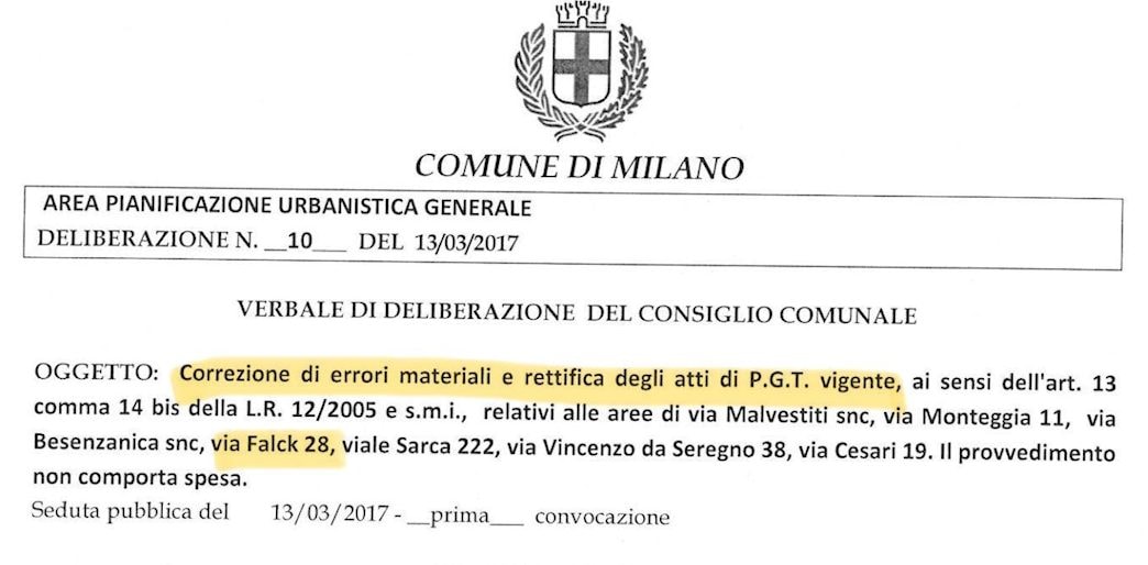 Delibera del 13/03/2017 con cui è stata approvata la riclassificazione dell’area di via Falck
