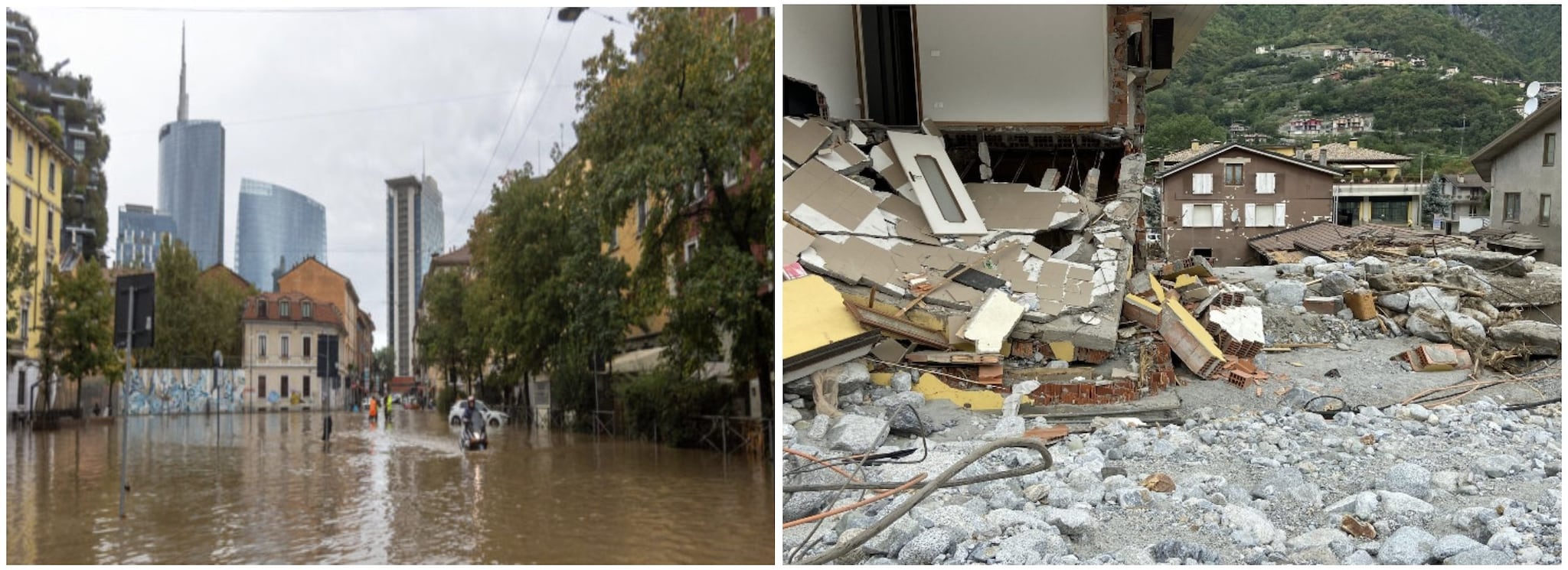 A sinistra, esondazione del Lambro nel centro di Milano. A destra, evento di colata detritica del 2023 a Niardo, in Valcamonica.
