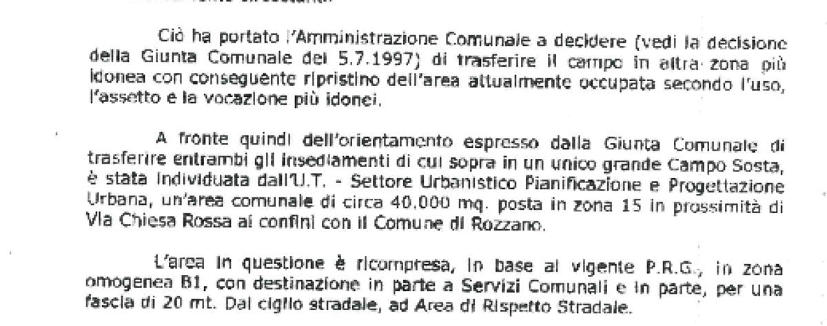 La parte di delibera in cui è specificato che l’area individuata è quella di Chiesa Rossa