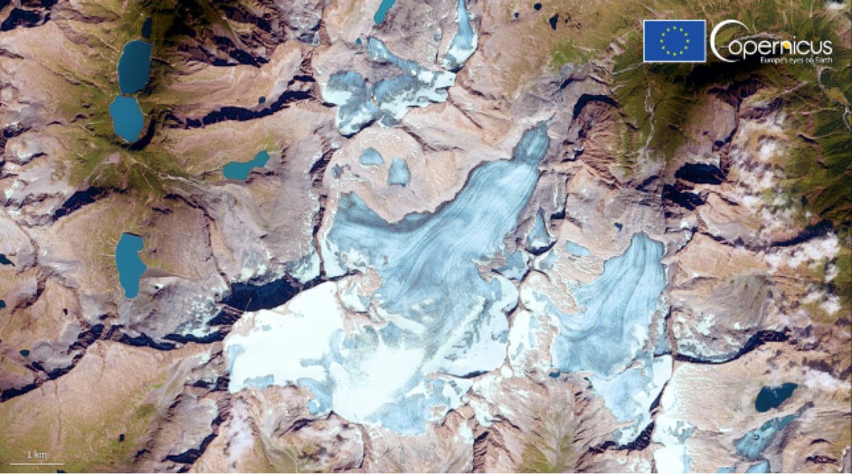 Figura 1 – immagini satellitari del ghiacciaio dell’Adamello, nel particolare si evidenzia che solamente la parte sommitale è coperta da neve stagionale (area più bianca)