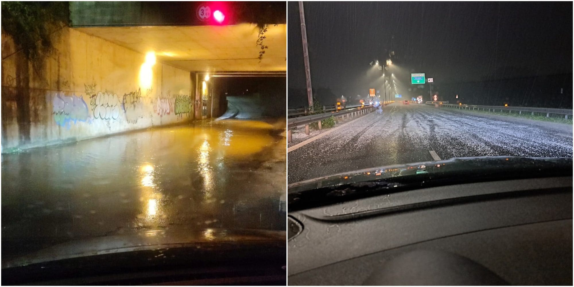 Un sottopassaggio allagato a Merate (Lecco) e la grandine a Concorezzo (Monza). Fonte: Facebook.