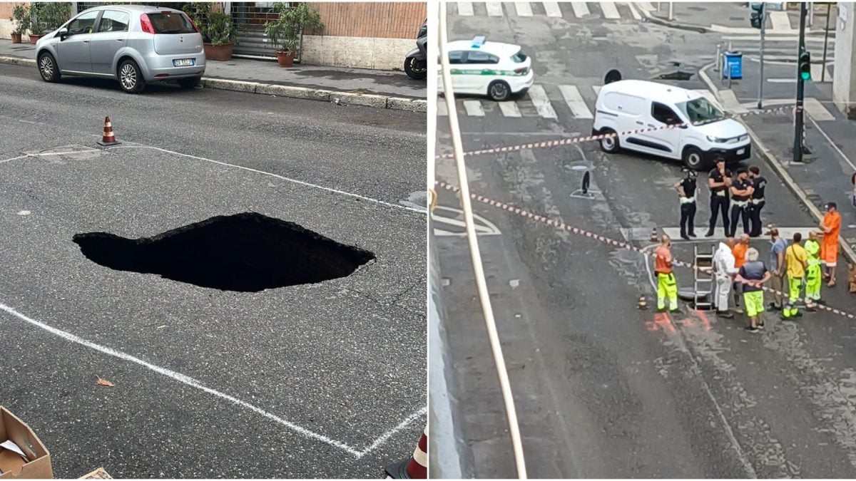La voragine in via Tartini, a Milano, e l’area transennata (Fonte: Facebook).
