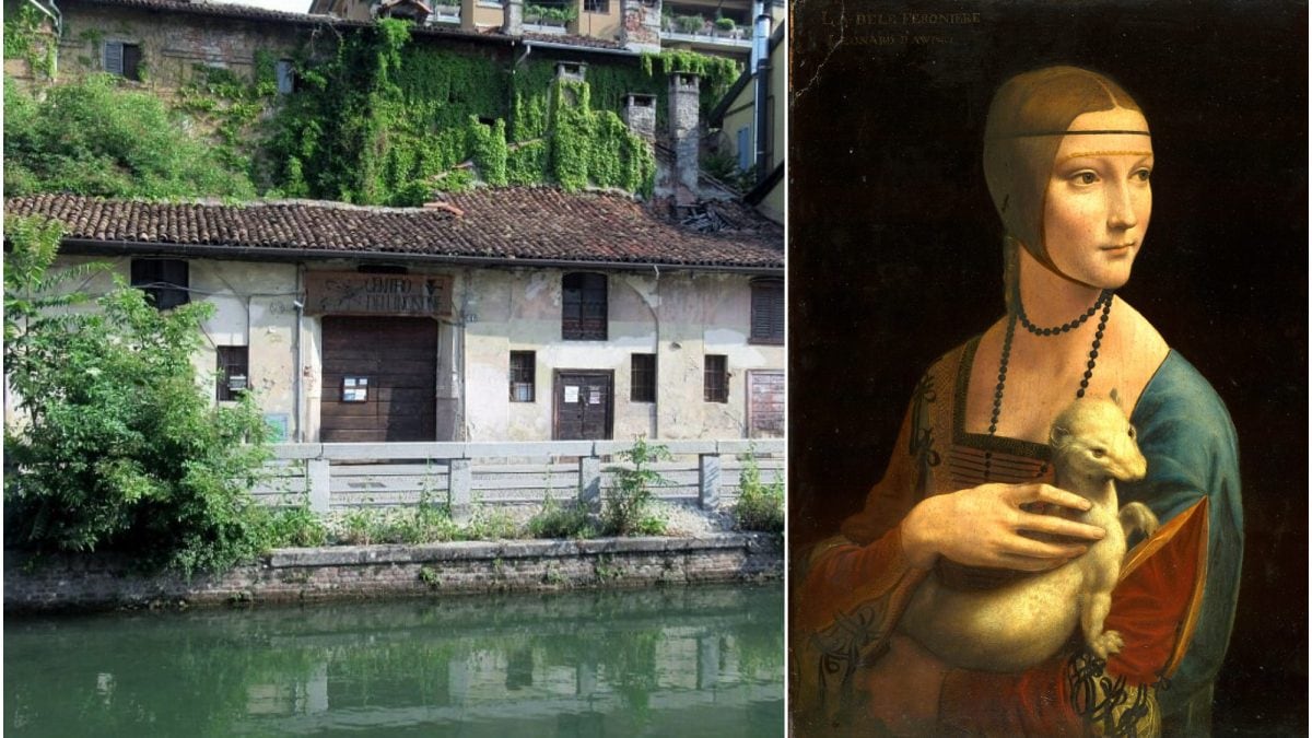 A sinistra Palazzo Galloni, a destra la Dama con l’ermellino di Leonardo Da Vinci.
