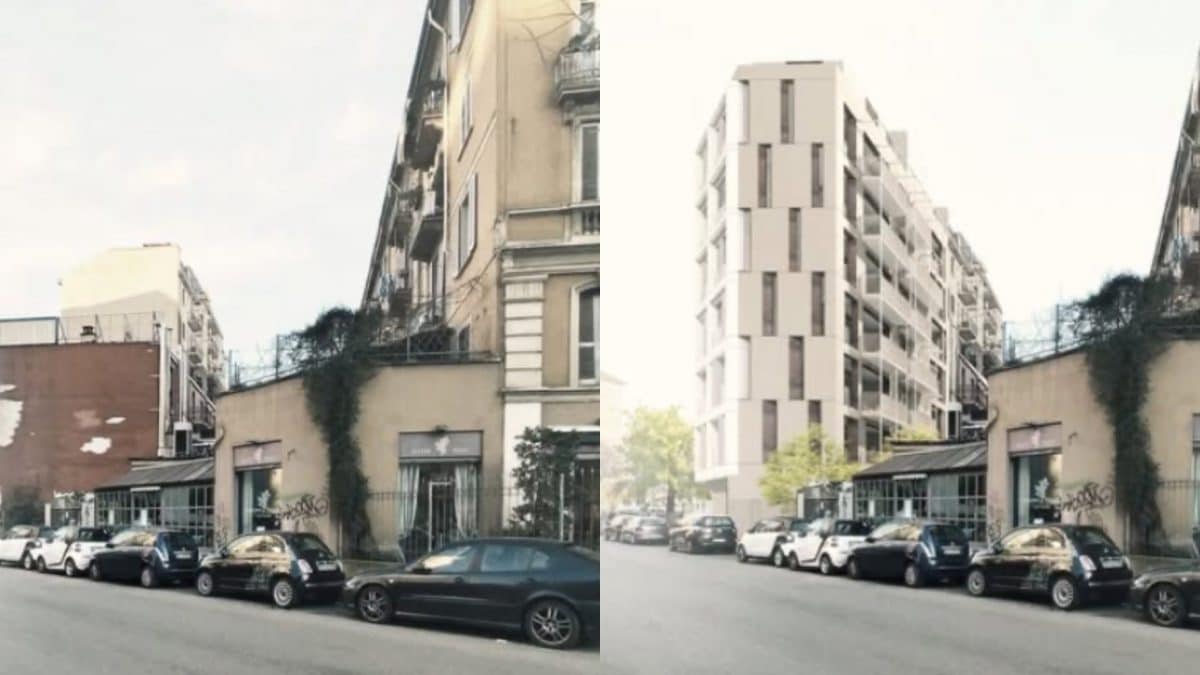 Cantiere di viale Papiniano a Milano prima e dopo la demolizione del fabbricato industriale