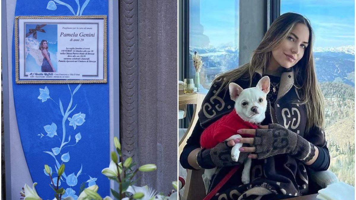 L’ingresso della chiesa di Strozza (foto da LaPresse) e Pamela Genini
