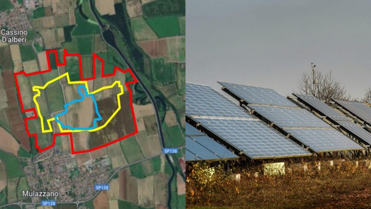 In rosso l’estensione del progetto, in giallo l’area residenziale di Mulazzano e in azzurro l’area residenziale di Cassino d’Alberi (una frazione)