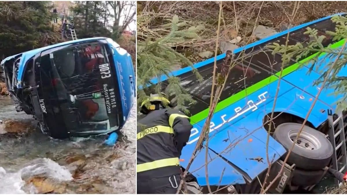 Lo scuolabus precipitato in un torrente a Valfurva (credit Ansa)