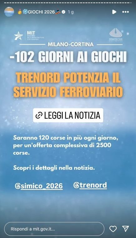 La storia Instagram pubblicata dal Ministero delle Infrastrutture e dei Trasporti