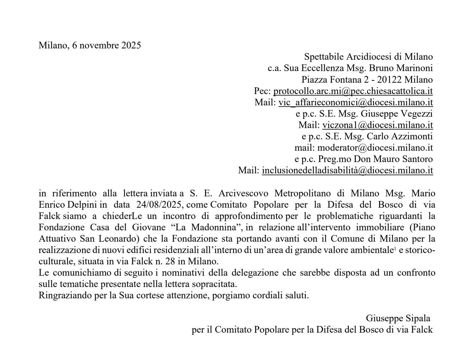 L’ultima lettera del Comitato all’arcivescovo Mario Delpini