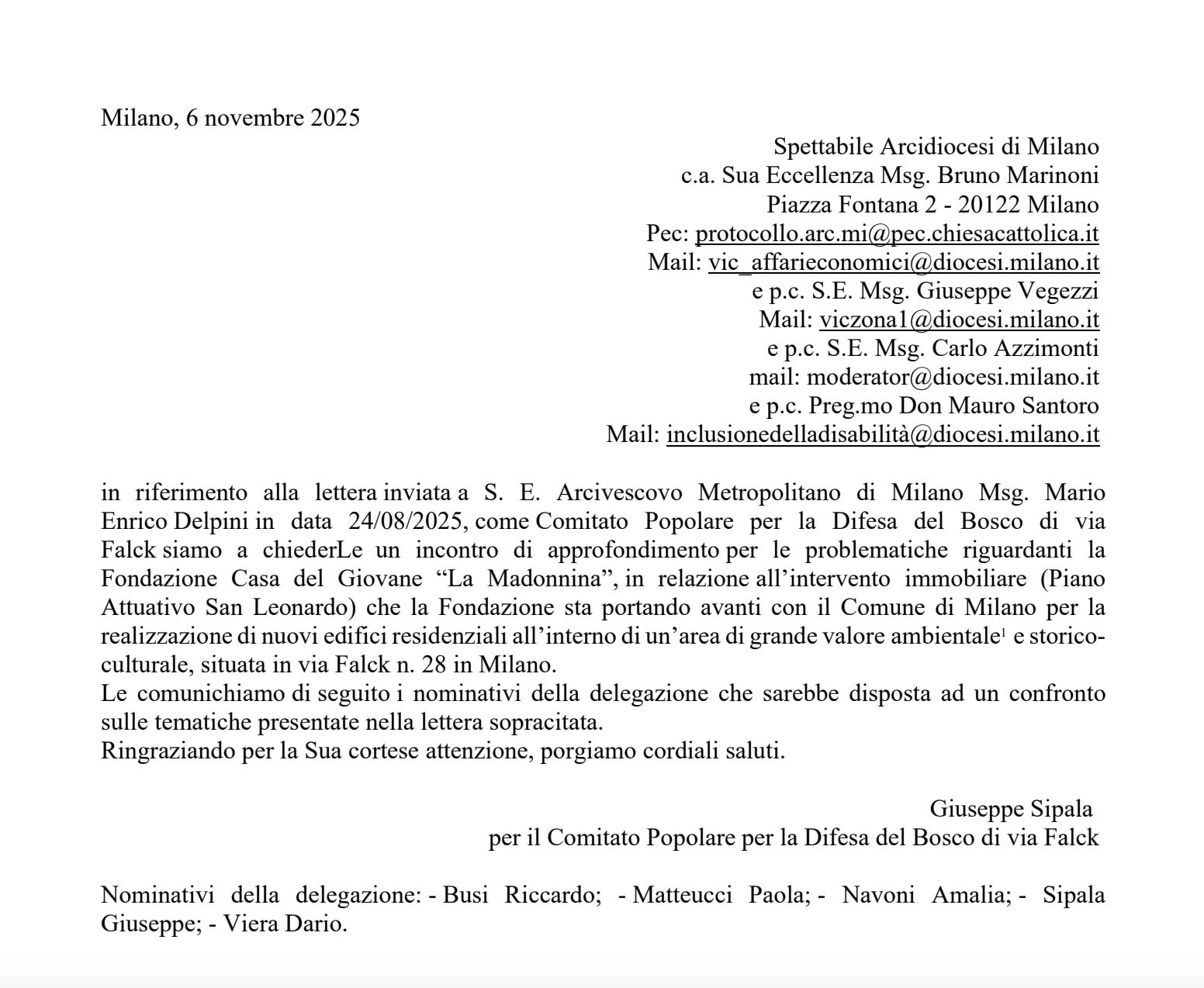 L’ultima lettera del Comitato all’arcivescovo Mario Delpini