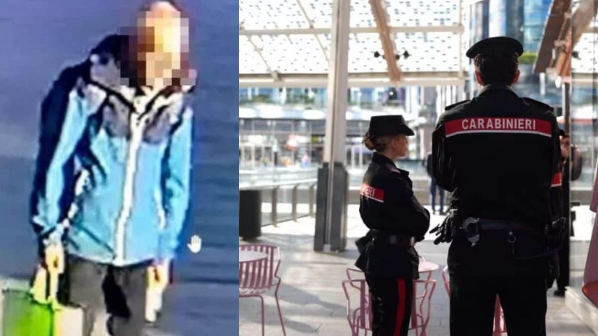 A sinistra, il presunto aggressore. A destra, i carabinieri in piazza Gae Aulenti a Milano (foto da LaPresse)