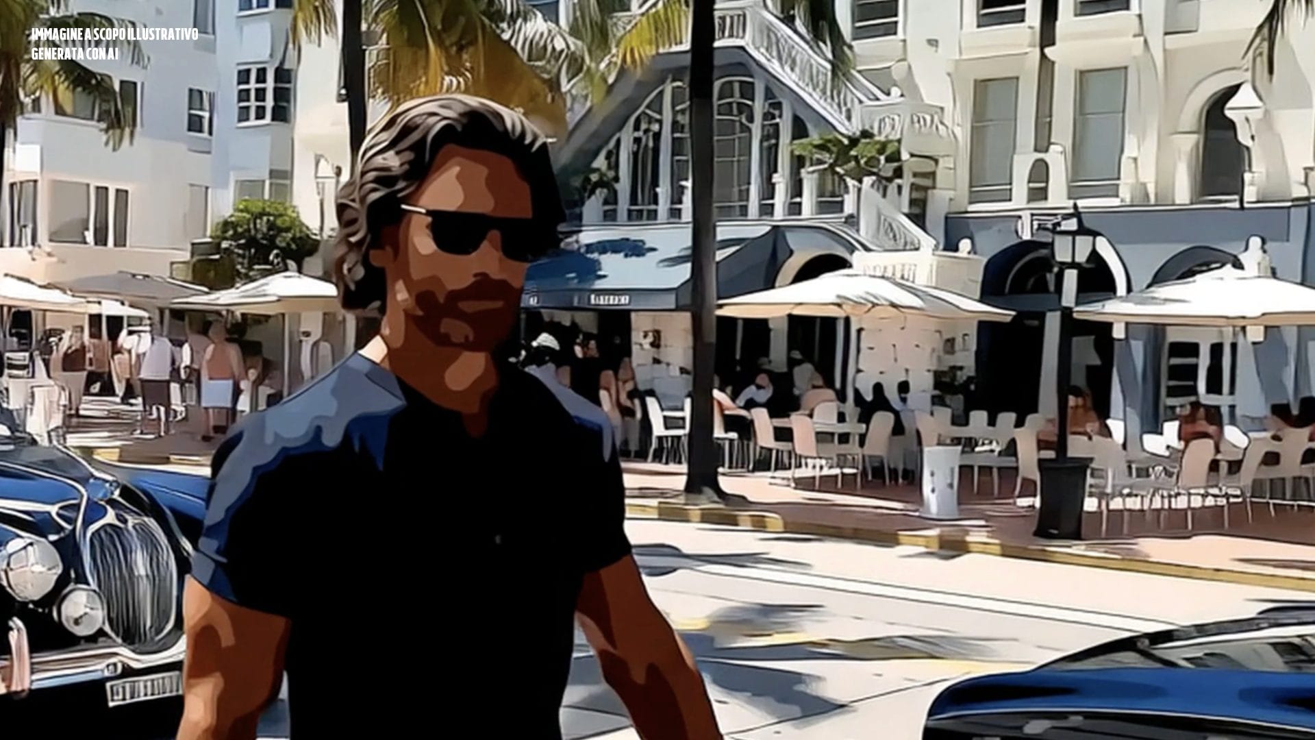 Ricostruzione grafica a scopo illustrativo generata con AI di Rino Bonifacio a Miami negli anni ’90