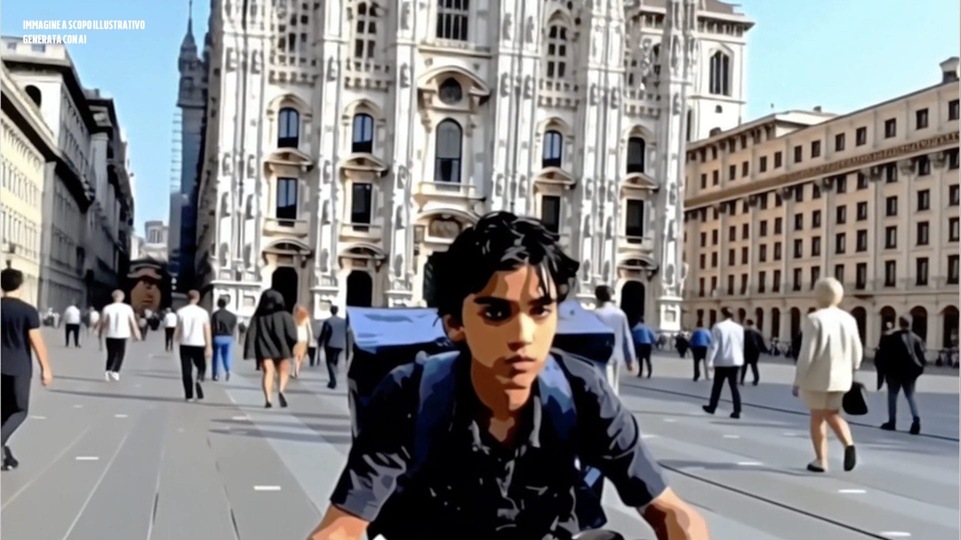 Ricostruzione grafica a scopo illustrativo generata con AI di Rino Bonifacio da ragazzino che lavora come pony express in giro per Milano