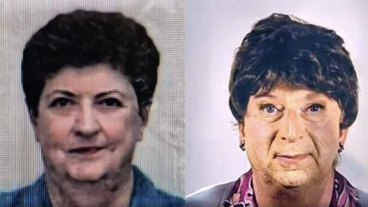 A sinistra, la donna deceduta nel 2022. A destra, il figlio 56enne travestito da donna per incassare la pensione della madre.
