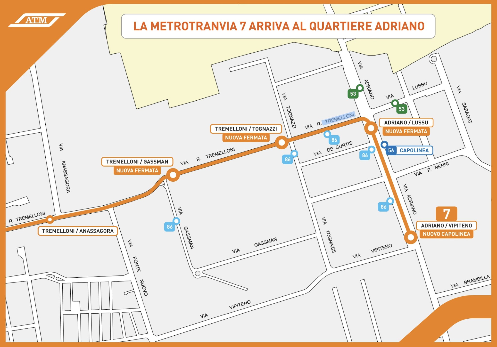 Mappa nuove fermate del tram 7, fino a quartiere Adriano (sito ATM)
