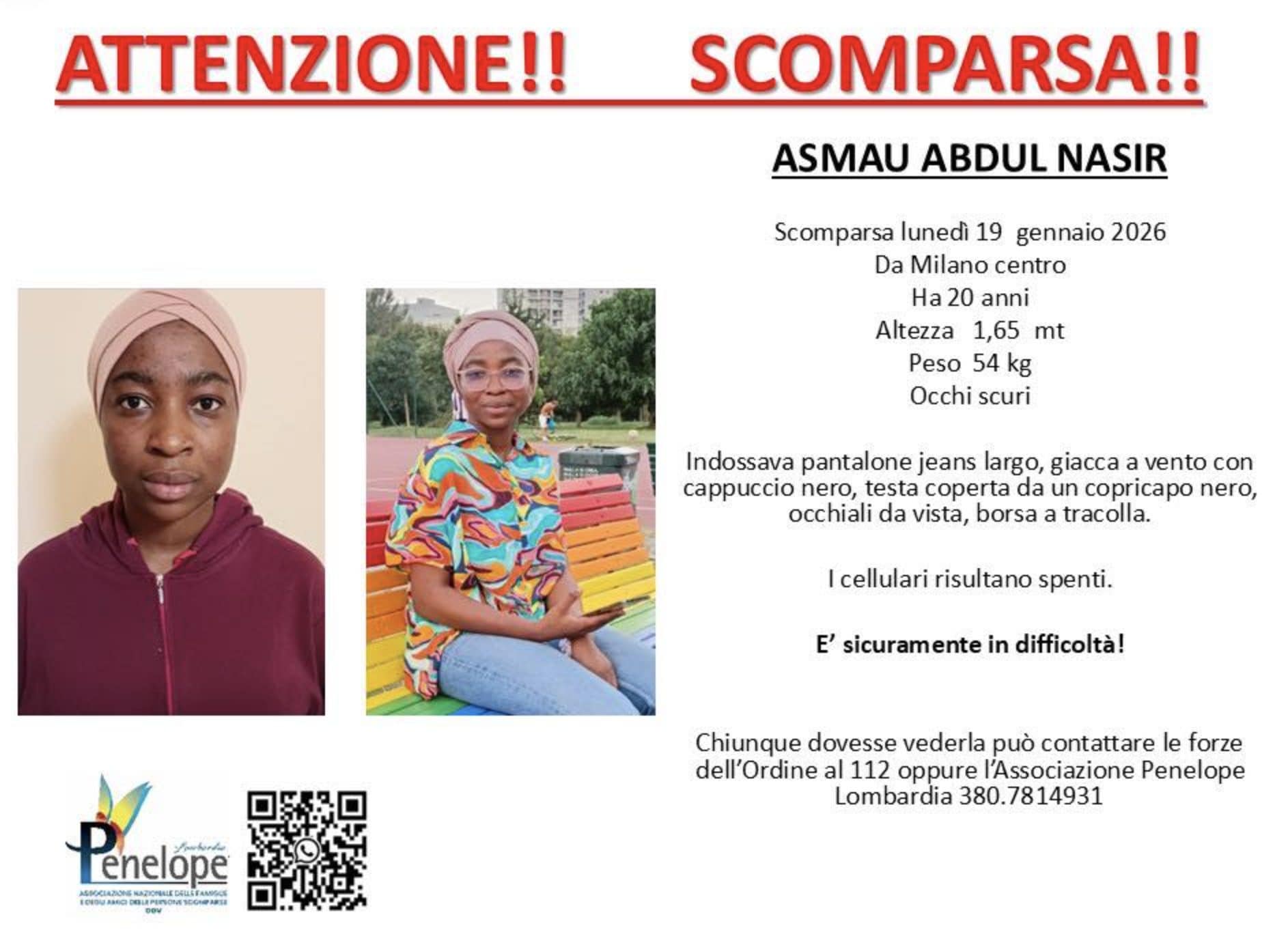 L’appello lanciato sui social dall’Associazione Penelope (fonte: Facebook)