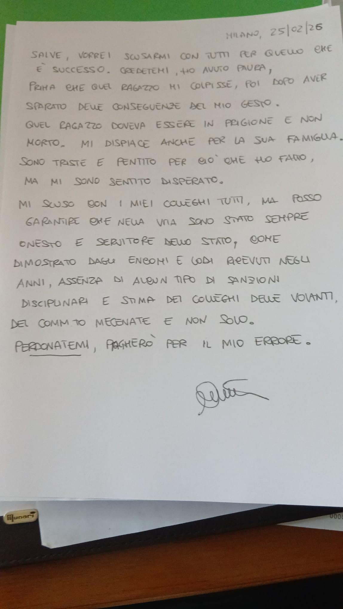 La lettera di scuse scritta dal carcere da Carmelo Cinturrino