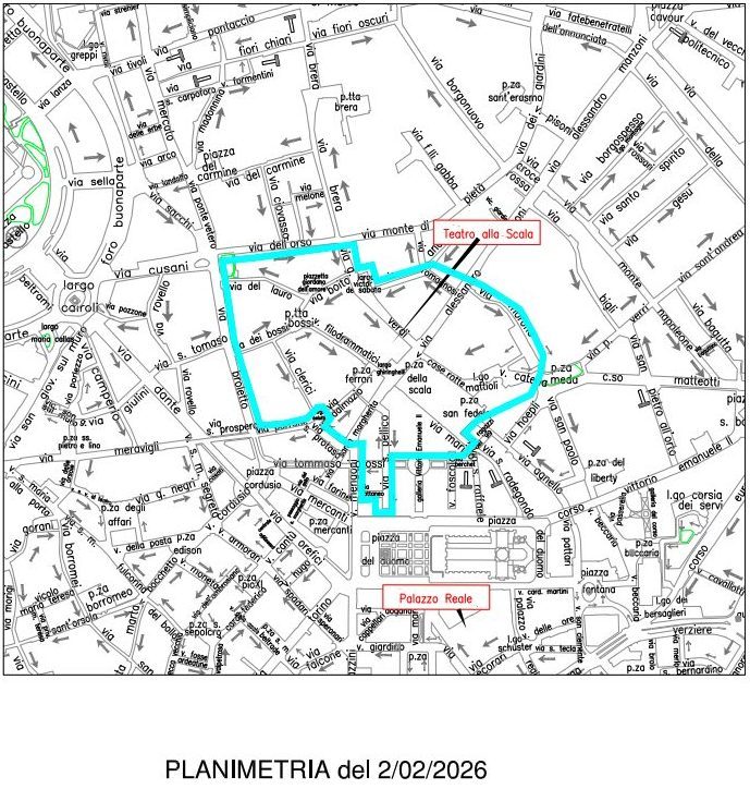 La planimetria delle strade chiuse lunedì 2 febbraio 2026 dalle 14 alle 24