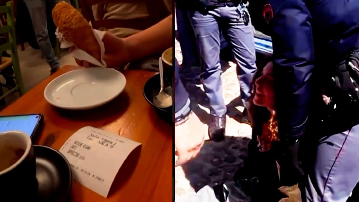 Alcuni frame del video in cui si vede l’attivista portata via dalla polizia mentre fa colazione – Fonte: No Food No Science