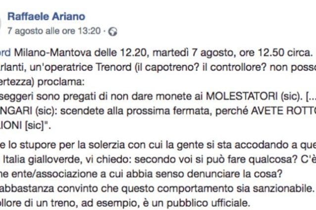 Il post di denuncia (dal profilo di Raffaele Ariano su Facebook)