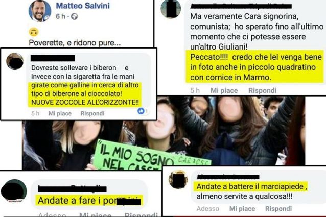 Alcuni degli insulti apparsi sotto il post di Matteo Salvini (Foto dalla pagina Facebook del Coordinamento dei collettivi studenteschi)