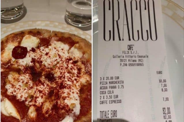 La pizza margherita di Cracco e lo scontrino (Foto di Ferruccio Fiorito via Facebook)