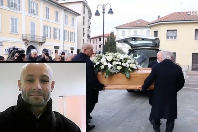 I funerali di Eugenio Fumagalli (nel riquadro), il tassista eroe