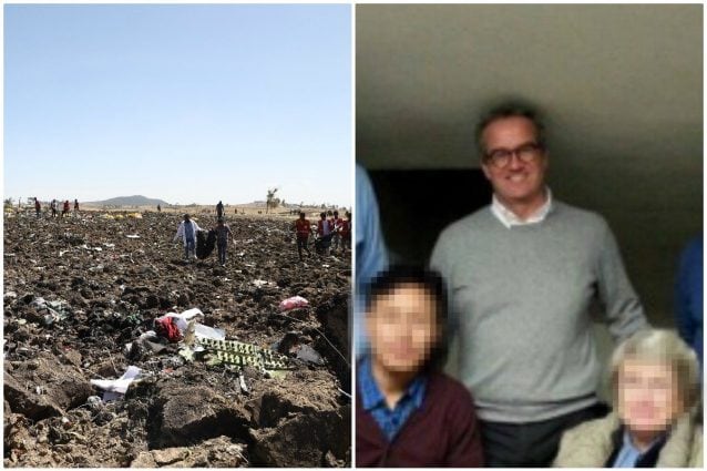 A sinistra i resti del Boeing 767 precipitato in Etiopia e a destra Matteo Ravasio, deceduto nello schianto
